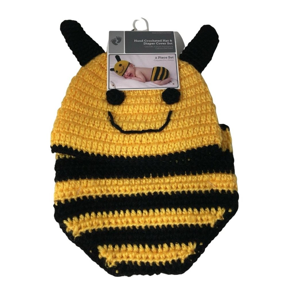 Hand Crocheted Hat And Diaper Cover Bumble Bee Sz 0-9 Months Infant Baby Photo